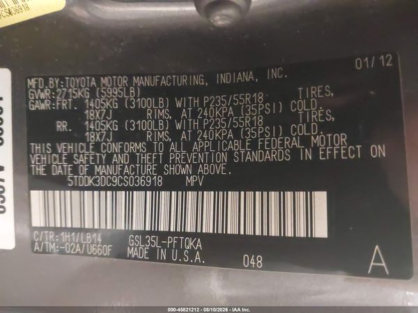 2012 TOYOTA SIENNA XLE 7 PASSENGER — I9