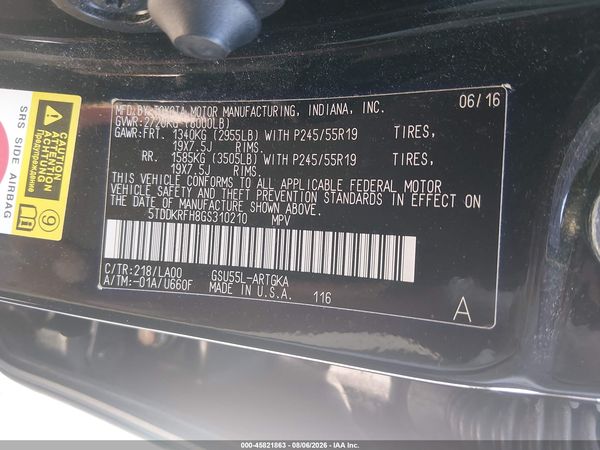 2016 TOYOTA HIGHLANDER LIMITED V6