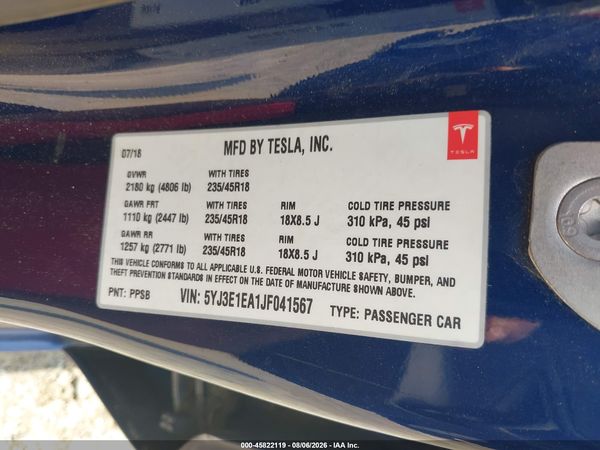 2018 TESLA MODEL 3 LONG RANGE/MID RANGE