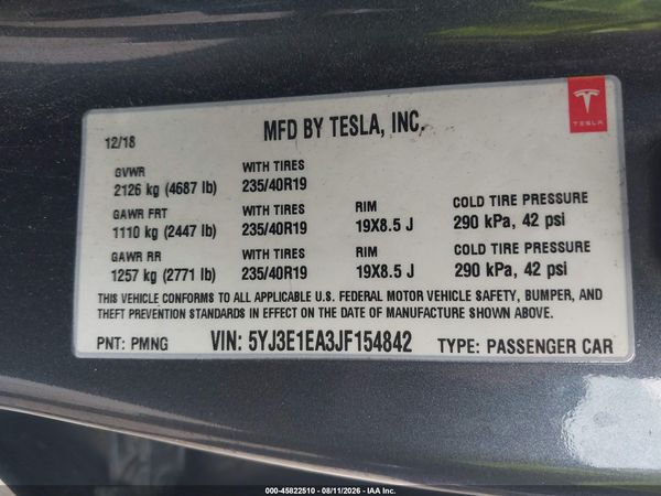 2018 TESLA MODEL 3 LONG RANGE/MID RANGE