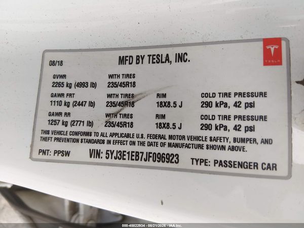 2018 TESLA MODEL 3 LONG RANGE/PERFORMANCE — I9