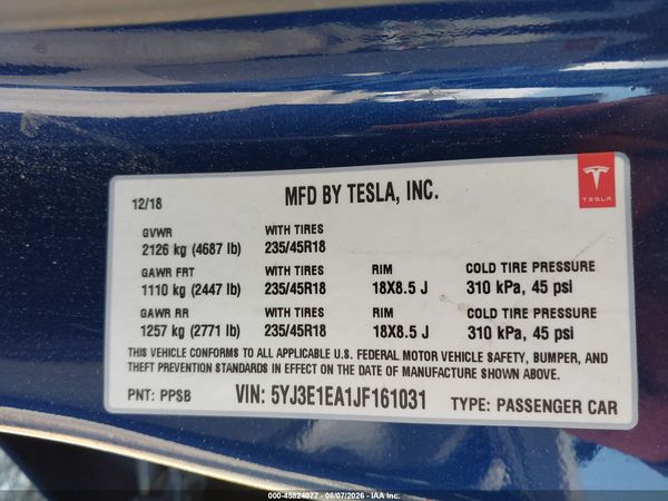 2018 TESLA MODEL 3 LONG RANGE/MID RANGE