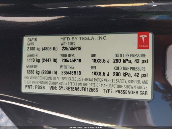 2018 TESLA MODEL 3 LONG RANGE/MID RANGE