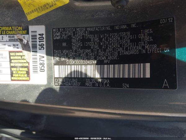 2012 TOYOTA SIENNA XLE 7 PASSENGER