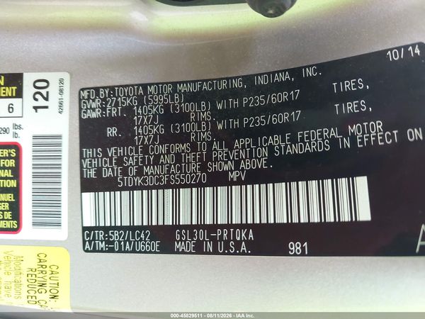 2015 TOYOTA SIENNA XLE 8 PASSENGER