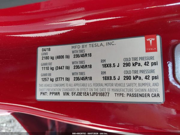 2018 TESLA MODEL 3 LONG RANGE/MID RANGE