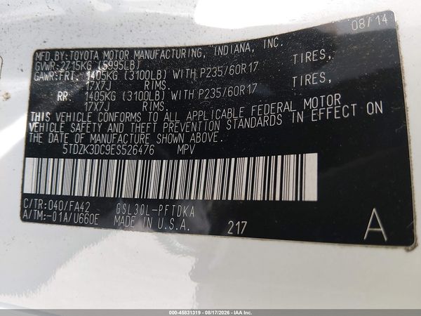 2014 TOYOTA SIENNA L V6 7 PASSENGER