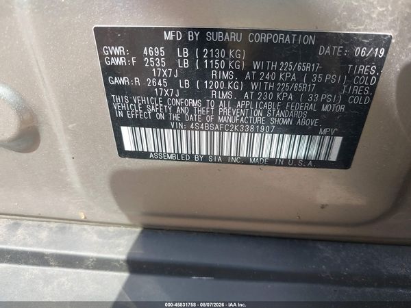 2019 SUBARU OUTBACK 2.5I PREMIUM — I9