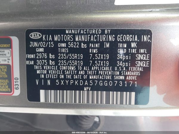 2016 KIA SORENTO 3.3L SXL