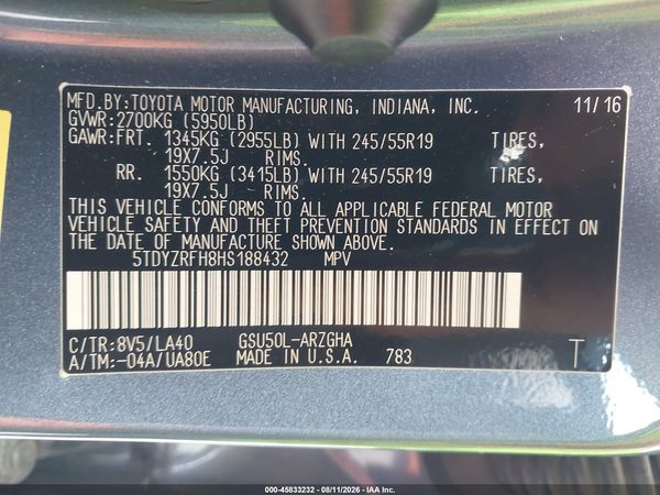 2017 TOYOTA HIGHLANDER LIMITED PLATINUM