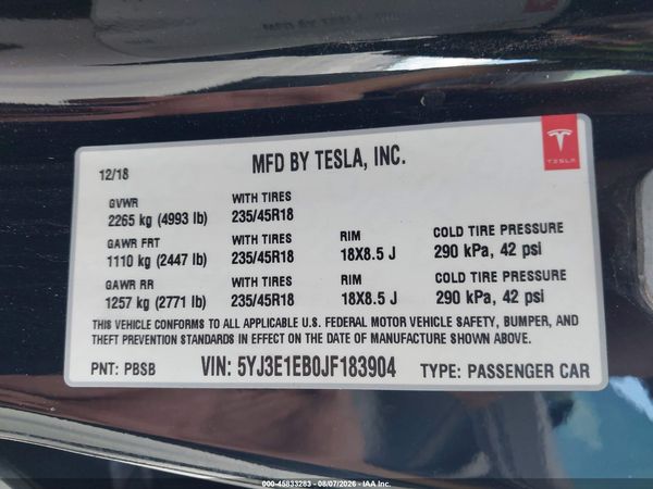 2018 TESLA MODEL 3 LONG RANGE/PERFORMANCE