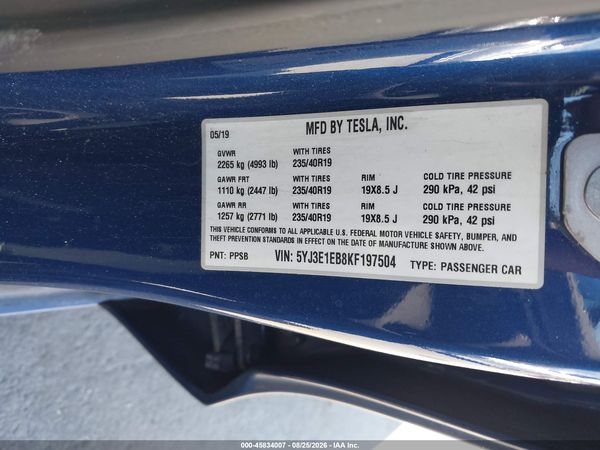 2019 TESLA MODEL 3 LONG RANGE/PERFORMANCE