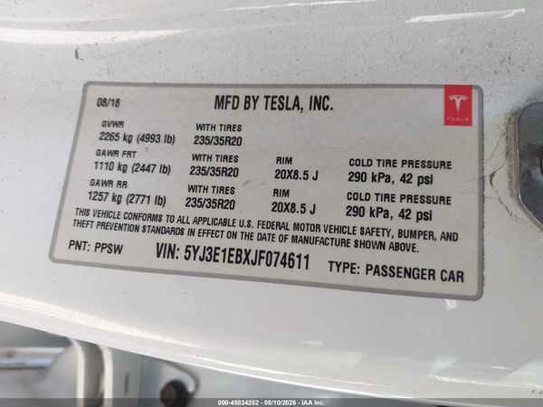 2018 TESLA MODEL 3 LONG RANGE/PERFORMANCE