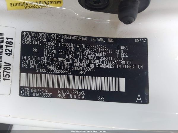 2013 TOYOTA SIENNA LE V6 8 PASSENGER