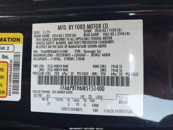 2021 FORD MUSTANG ECOBOOST FASTBACK