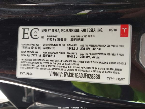 2018 TESLA MODEL 3 LONG RANGE/MID RANGE