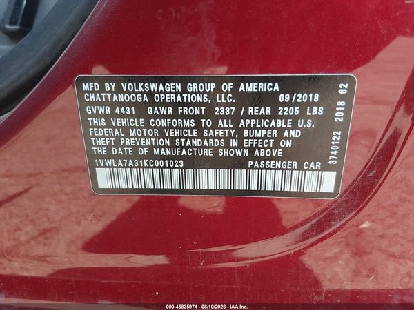 2019 VOLKSWAGEN PASSAT 2.0T WOLFSBURG EDITION — I9