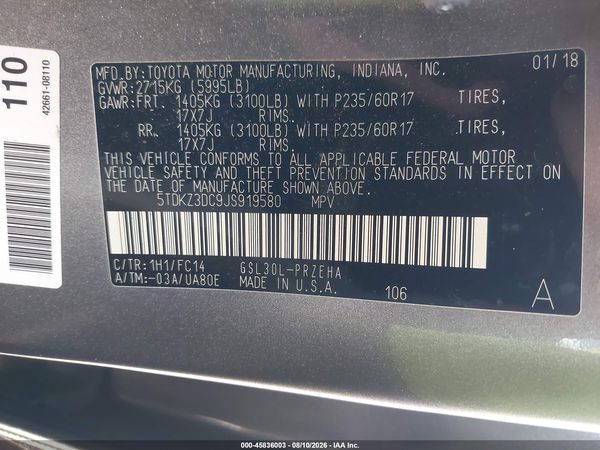 2018 TOYOTA SIENNA LE 8 PASSENGER — I9