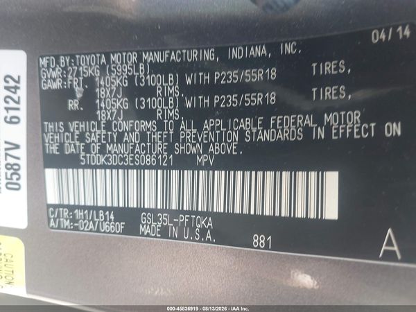2014 TOYOTA SIENNA XLE 7 PASSENGER
