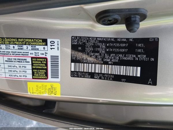 2015 TOYOTA SIENNA LE 8 PASSENGER