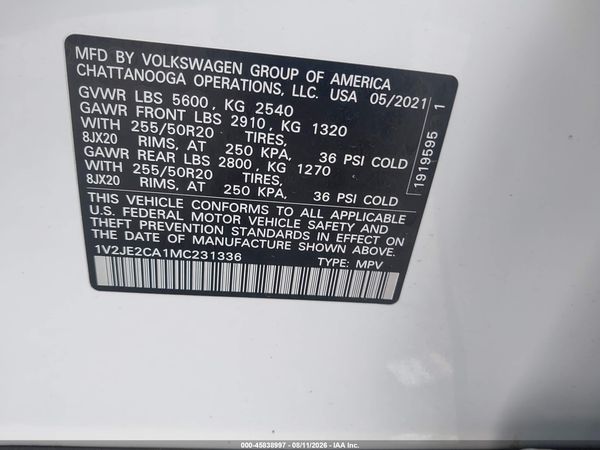 2021 VOLKSWAGEN ATLAS CROSS SPORT 3.6L V6 SE W/TECHNOLOGY — I9
