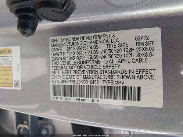 2022 HONDA PILOT 2WD TOURING 8 PASSENGER