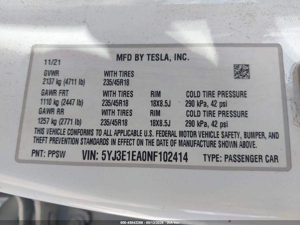 2022 TESLA MODEL 3 REAR-WHEEL DRIVE