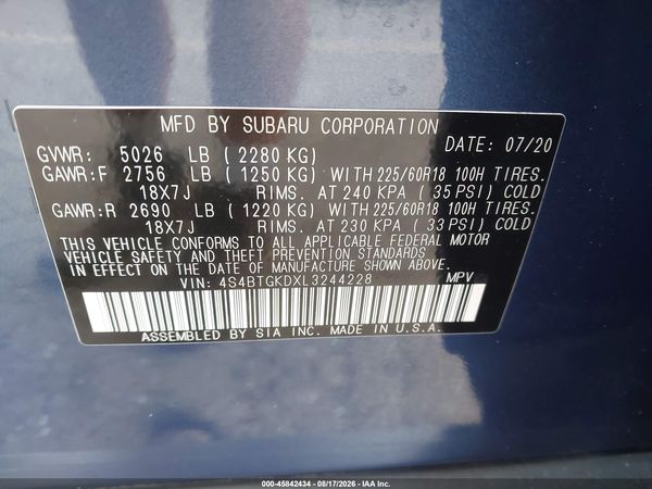 2020 SUBARU OUTBACK ONYX EDITION XT — I9