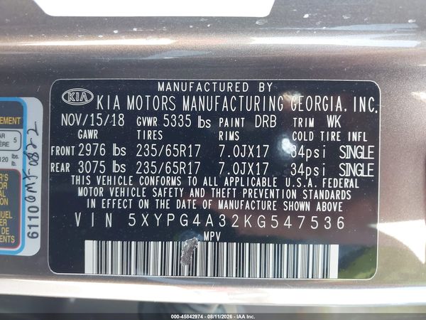 2019 KIA SORENTO 2.4L LX