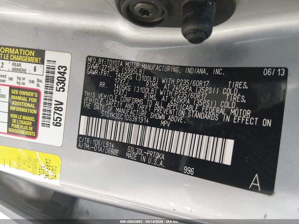 2013 TOYOTA SIENNA XLE V6 8 PASSENGER