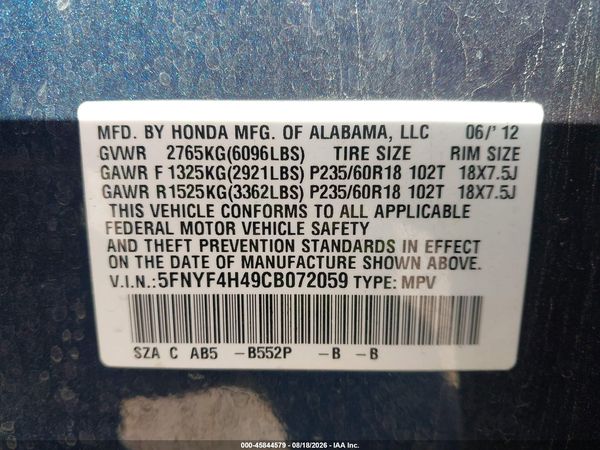 2012 HONDA PILOT EX
