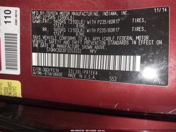 2015 TOYOTA SIENNA LE 8 PASSENGER