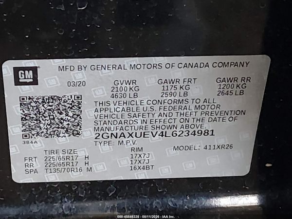 2020 CHEVROLET EQUINOX AWD LT 1.5L TURBO — I9