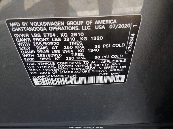 2021 VOLKSWAGEN ATLAS 3.6L V6 SE W/TECHNOLOGY — I9
