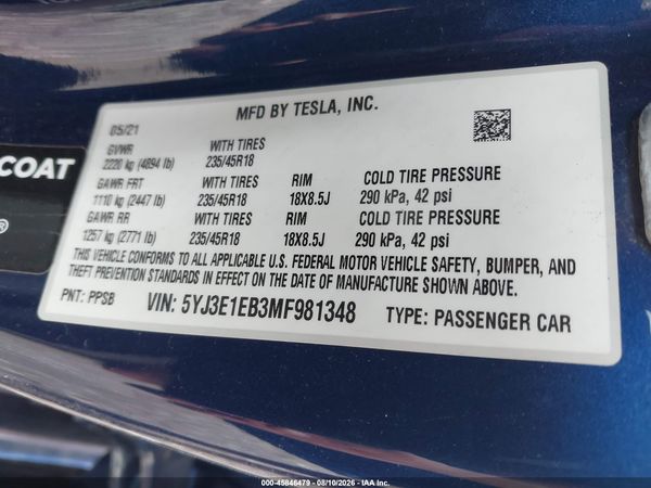 2021 TESLA MODEL 3 LONG RANGE