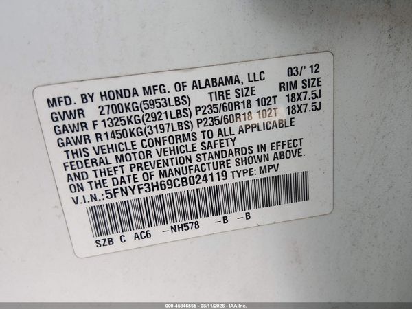 2012 HONDA PILOT EX-L