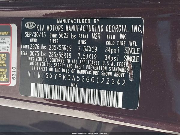 2016 KIA SORENTO 3.3L SX