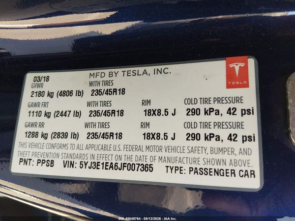 2018 TESLA MODEL 3 LONG RANGE/MID RANGE