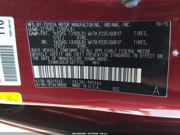 2015 TOYOTA SIENNA LE 8 PASSENGER