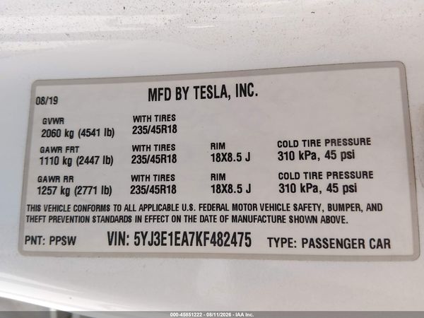 2019 TESLA MODEL 3