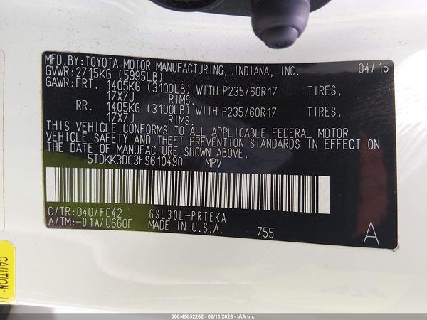 2015 TOYOTA SIENNA LE 8 PASSENGER