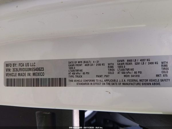 2021 RAM PROMASTER 2500 HIGH ROOF 159 WB