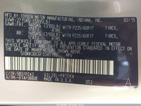 2015 TOYOTA SIENNA LE 8 PASSENGER