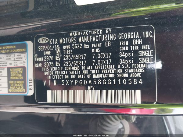 2016 KIA SORENTO 3.3L LX
