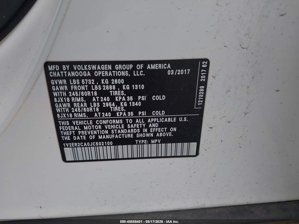2018 VOLKSWAGEN ATLAS 3.6L V6 SEL — I9