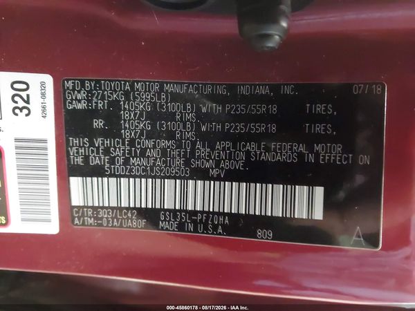 2018 TOYOTA SIENNA XLE 7 PASSENGER — I9