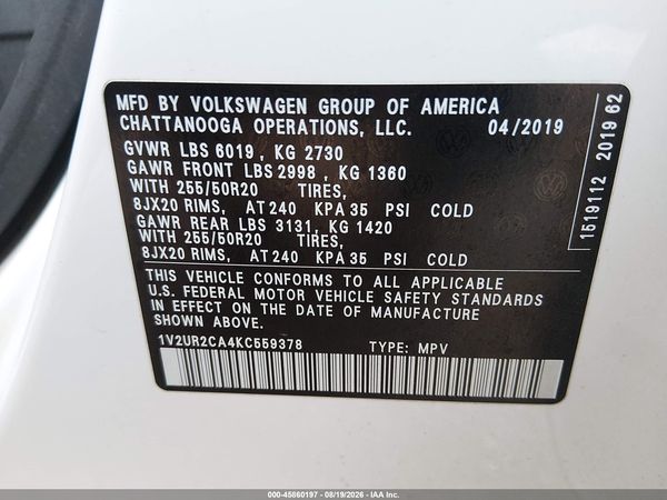 2019 VOLKSWAGEN ATLAS 3.6L V6 SE W/TECHNOLOGY — I9