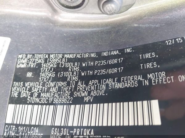 2015 TOYOTA SIENNA XLE 8 PASSENGER
