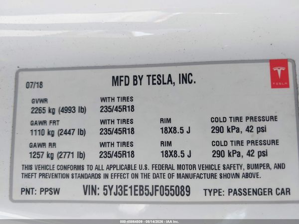 2018 TESLA MODEL 3 LONG RANGE/PERFORMANCE