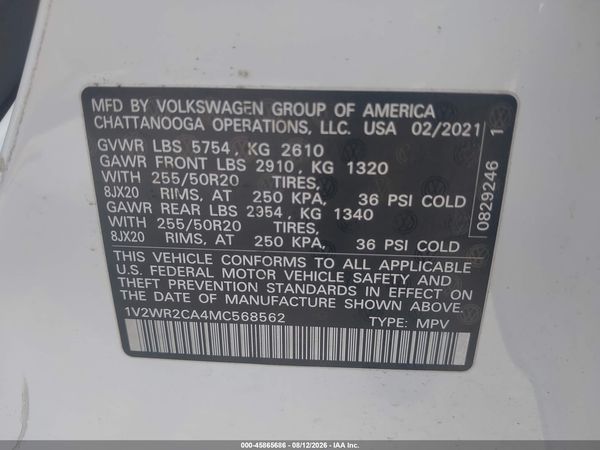 2021 VOLKSWAGEN ATLAS 3.6L V6 SE W/TECHNOLOGY — I9